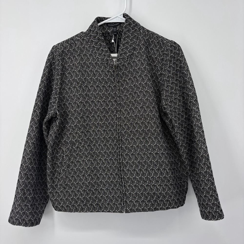 EILEEN FISHER Cotton Blend Jacquard Flight Jacket Full Zip Black Womens Medium